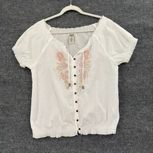 Vintage Route 66 Embroidered Peasant Blouse Womens Large White Smocked Bohemian